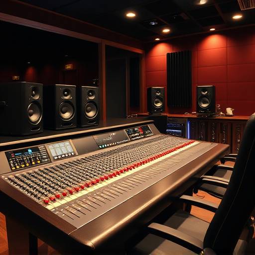 A large professional mixing console in a recording studio.