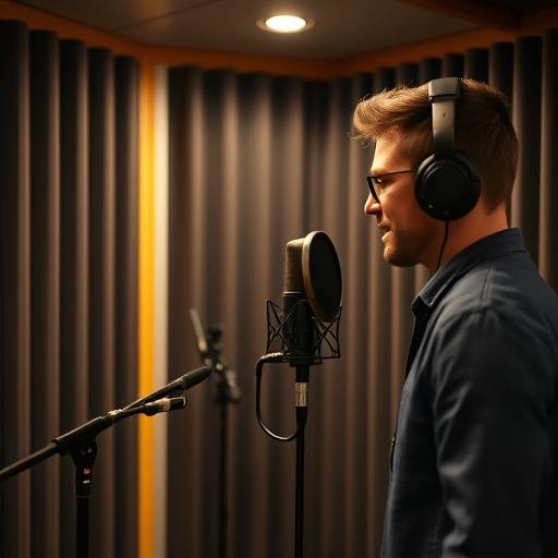 A voice-over artist recording in a soundproof booth.