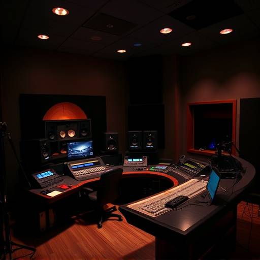The control room of Aurora Sound Studios with mixing desk and monitors.